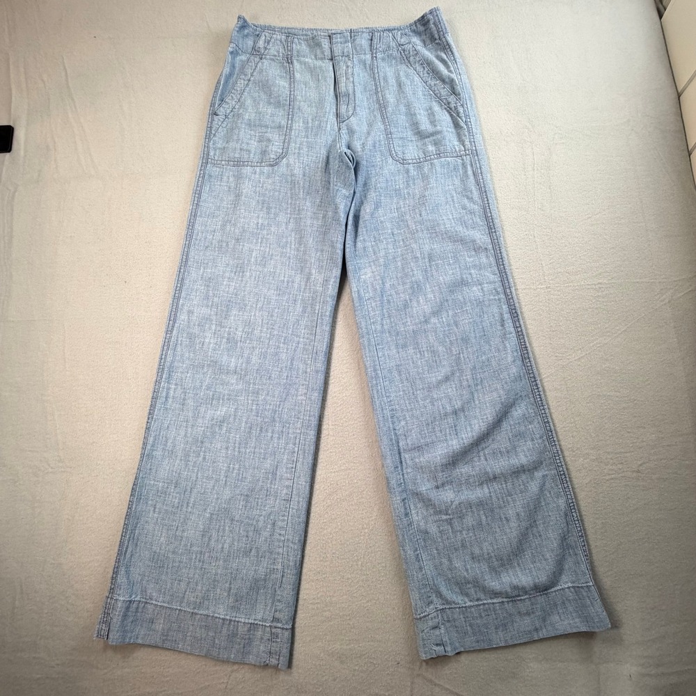 Gap Light Blue Chambray Cotton Trousers Wide Leg Pants 30 Capsule Wardrobe Boho - Picture 3 of 10